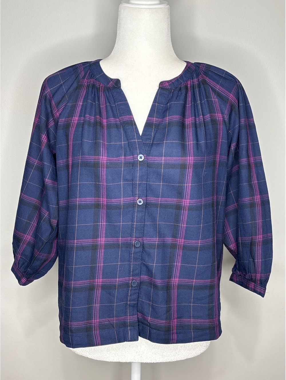 Sonoma Navy and Pink Plaid Button-Up Blouse